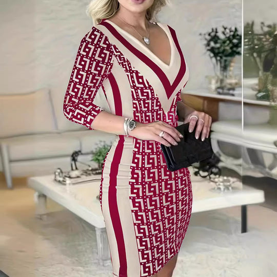 Damen Figurbetontes Etui-Kleid mit tiefem V-Ausschnitt und Dreiviertelärmeln Shop Nory