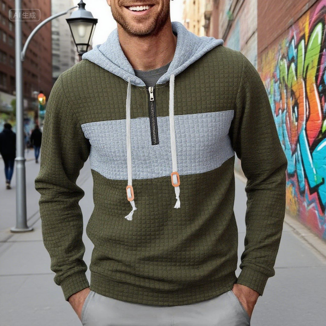 Herren strukturierter Kapuzenpullover mit halbem Reißverschluss, Kontrastbrust und Kängurutasche Shop Nory