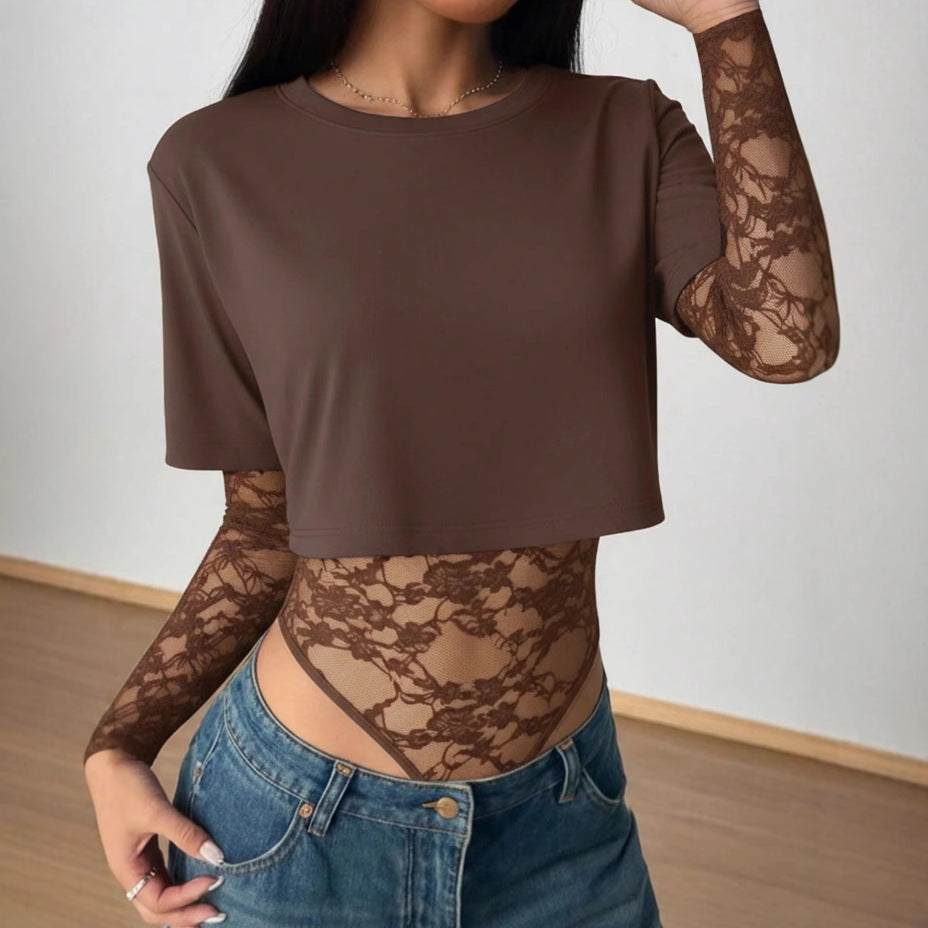 Damen Kurzschnitt-Shirt mit transparentem Spitzen-Bodysuit-Overlay Shop Nory