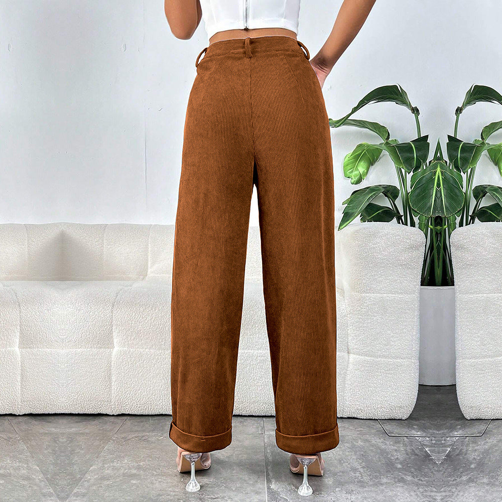 Damen hochgeschnittene Cordhose mit weitem Bein, Bundfalten und umgeschlagenem Saum Shop Nory