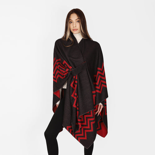 Damen Wollmix-Capeponcho mit Bindegürtel und grafischem Zickzackmuster Shop Nory