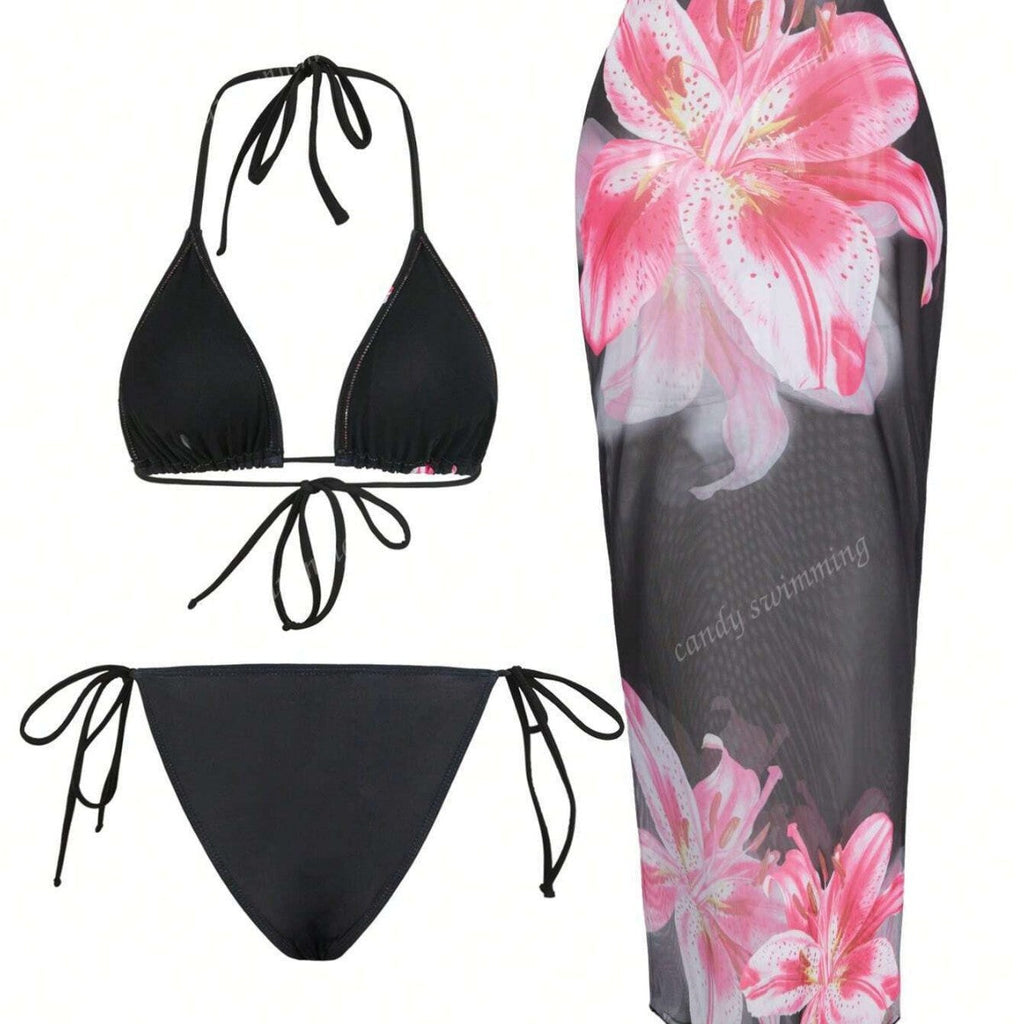 Damen Triangel-Bikini-Set mit floralen Mustern und transparentem Maxirock