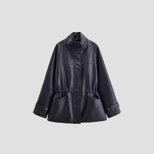 Damen Oversized Jacke in Lederoptik mit Stehkragen und Taillenkordel Shop Nory