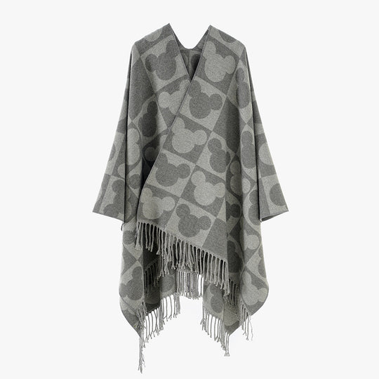 Damen Oversize-Jacquardponcho mit grafischem Kopf-Silhouettenmuster und Fransen Shop Nory