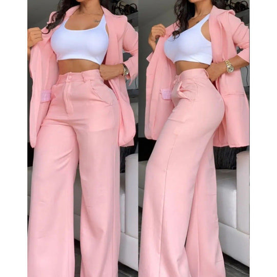 Damen Elegantes Zweiteiler-Set mit weitem Hosenbein und tailliertem Blazer