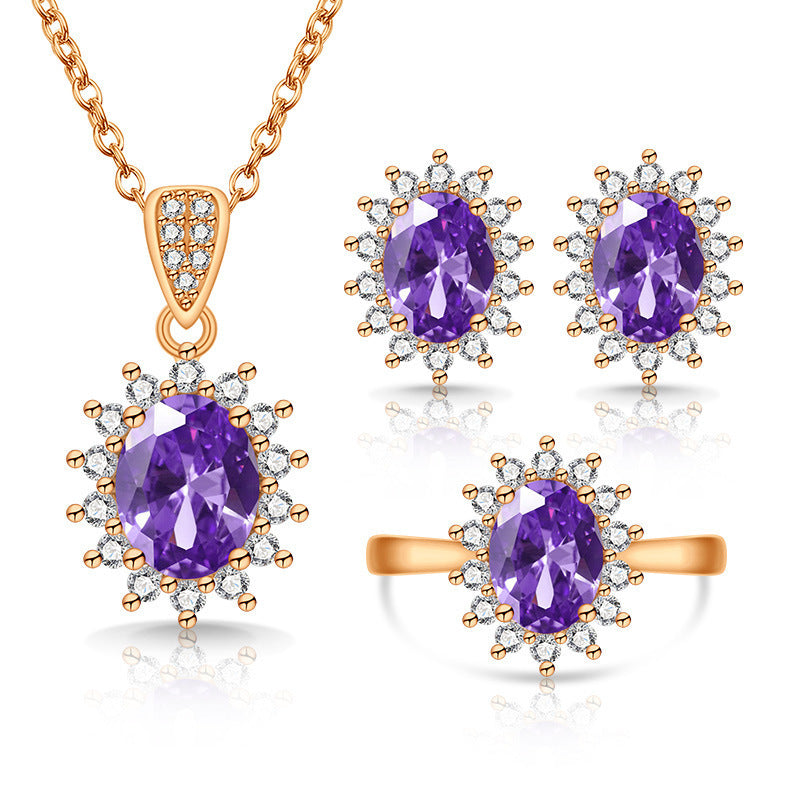 Oval facettiertes Edelstein-Halo-Pendant mit passenden Halo-Ohrringen und verstellbarem Cocktailring-Set
