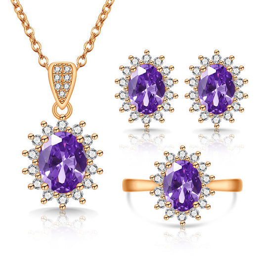 Oval facettiertes Edelstein-Halo-Pendant mit passenden Halo-Ohrringen und verstellbarem Cocktailring-Set