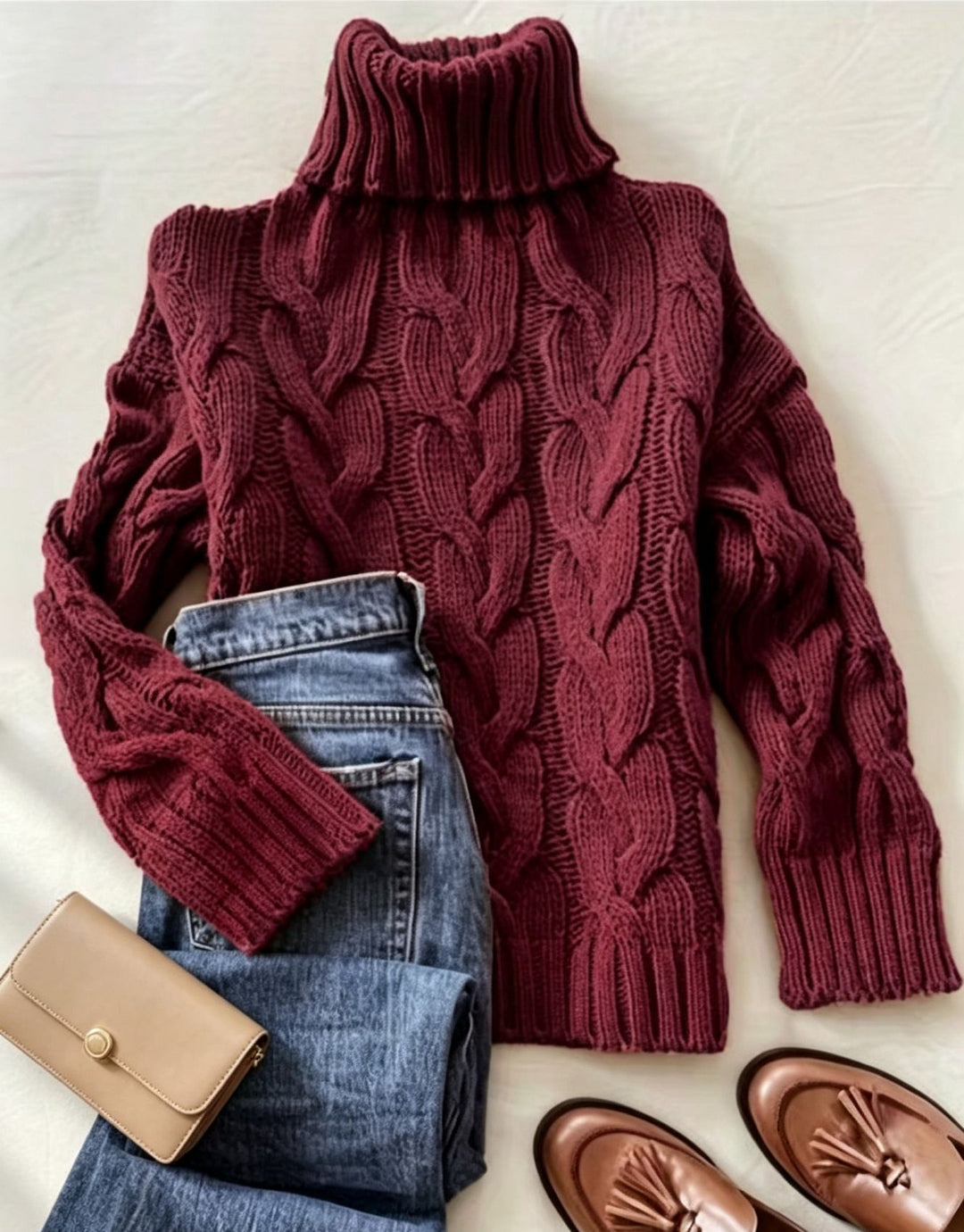Damen Grobstrick-Rollkragenpullover mit markanten Zopfmustern und gerippten Bündchen Shop Nory
