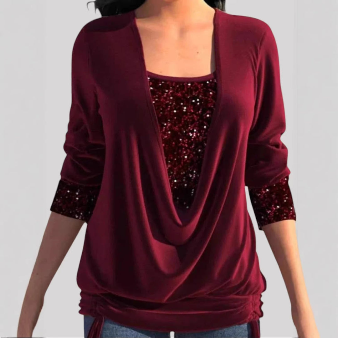 Damen Modischer Drape-Pullover mit Glitzerakzenten