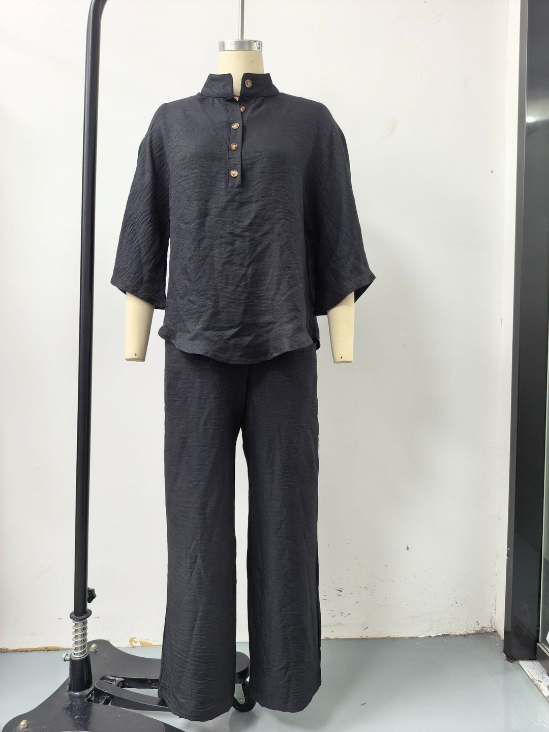 Damen Lockeres Leinenoptik-Zweiteiler mit Stehkragenbluse und weitem Palazzo-Hose Shop Nory