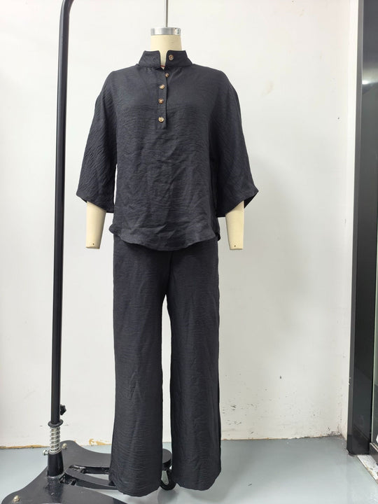 Damen Lockeres Leinenoptik-Zweiteiler mit Stehkragenbluse und weitem Palazzo-Hose Shop Nory