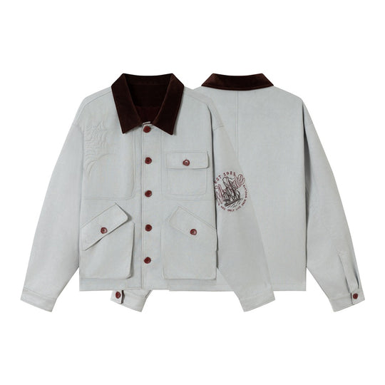 Unisex Boxy‑Blousonjacke aus Baumwollvelours mit Cordkragen, aufgeprägten Stickdetails und Pattentaschen Shop Nory