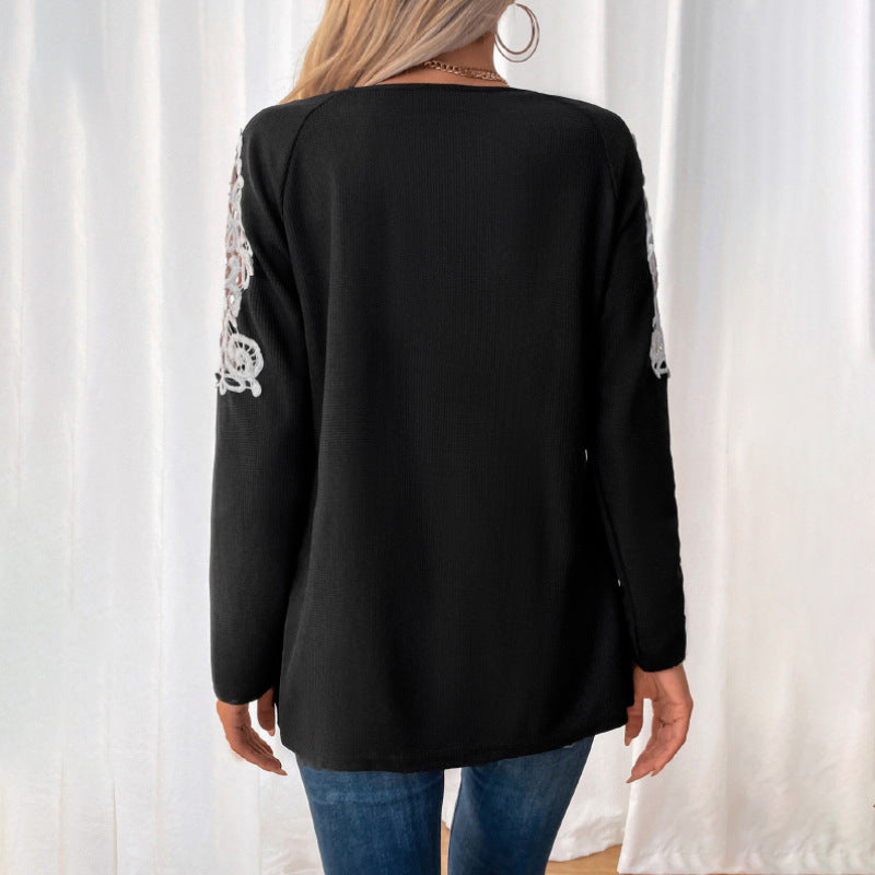 Damen Lässiges Longsleeve-Tunika-Shirt mit V‑Reißverschluss und Spitzenapplikation Shop Nory