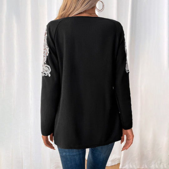 Damen Lässiges Longsleeve-Tunika-Shirt mit V‑Reißverschluss und Spitzenapplikation Shop Nory