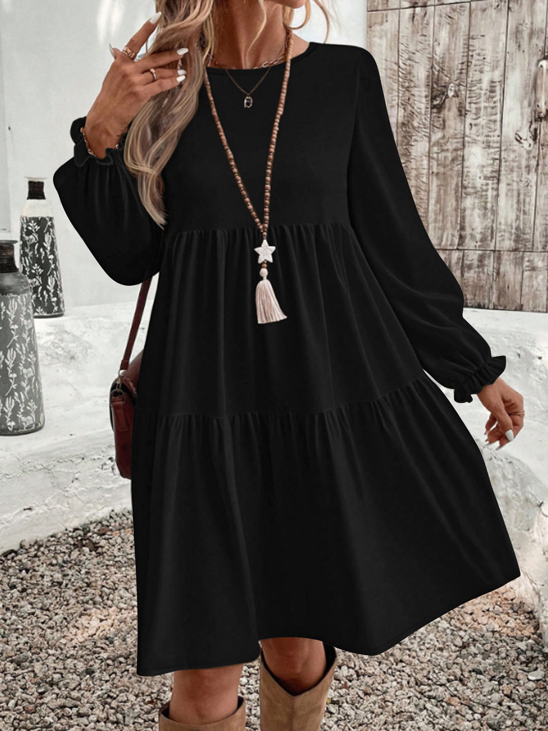 Damen Lockeres Midikleid im Stufenlook mit geraffter Taillenpasse und Rüschenbündchen Shop Nory