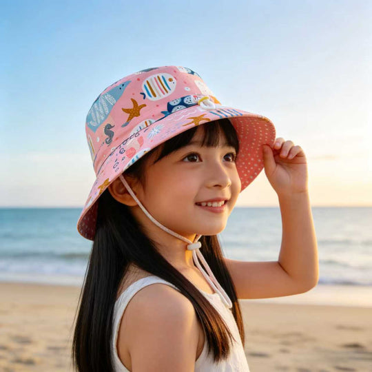Unisex nan Kinder-Sonnenhut mit Wendemotiv, Kinnband und hohem UV-Schutz  Shopnory