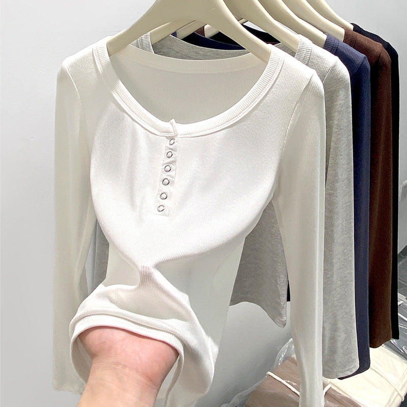 Damen Figurbetontes Langarm-Henley-Oberteil Shop Nory