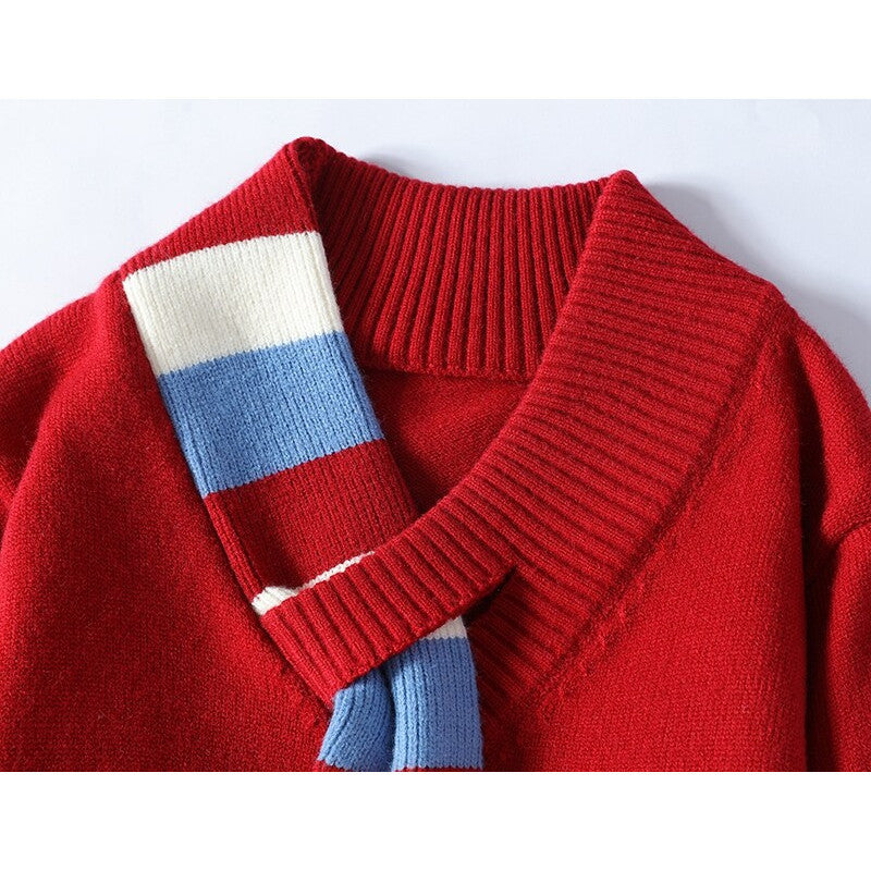 Herren V-Ausschnitt Strickpullover mit integriertem Kontraststreifen-Schal und gerippten Bündchen Shop Nory