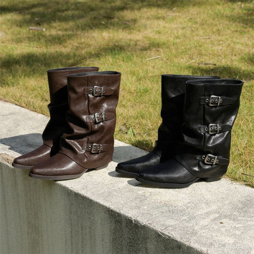 Damen Mid-Calf Stiefel mit spitzer Zehenpartie, dreifachen Zierschnallen und leichtem Blockabsatz Shop Nory