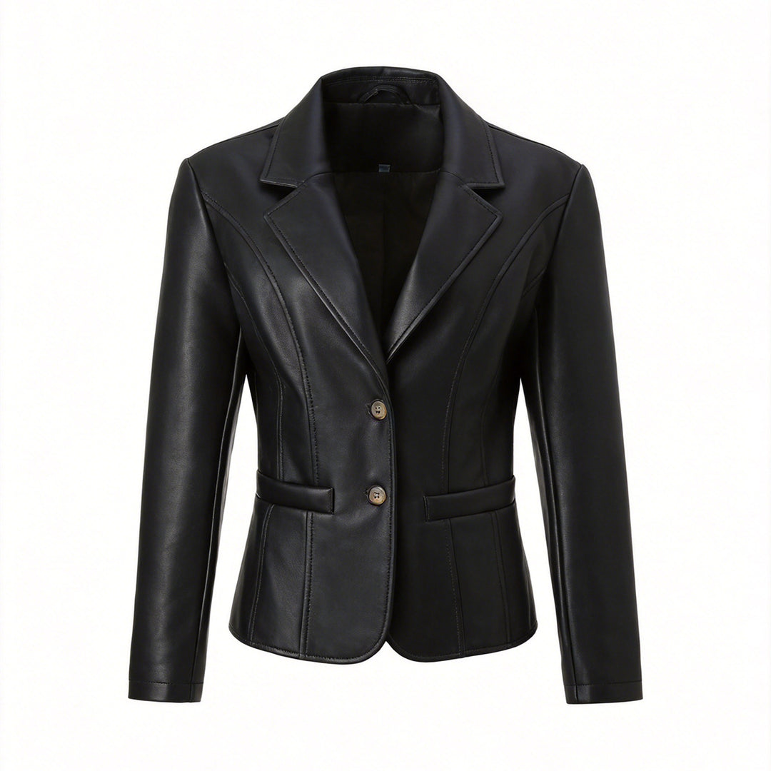 Damen Kurz geschnittene Kunstlederjacke mit Rundhals und aufgesetzten Pattentaschen Shop Nory