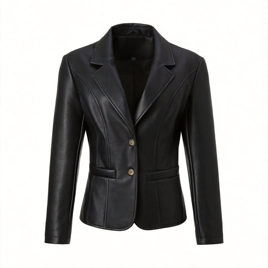 Damen Kurz geschnittene Kunstlederjacke mit Rundhals und aufgesetzten Pattentaschen Shop Nory