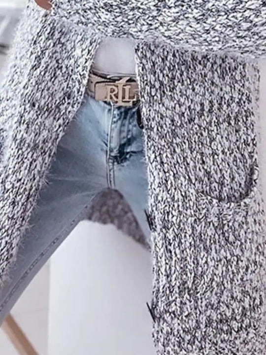 Damen Langer Mélange-Kuschelcardigan mit Kapuze, Hornknopf und Eingrifftaschen Shop Nory
