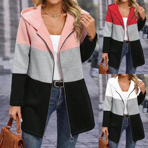 Damen Kapuzen-Farbblock-Mantel mit durchgehendem Reißverschluss, oversized Schnitt und mittellanger Silhouette Shop Nory
