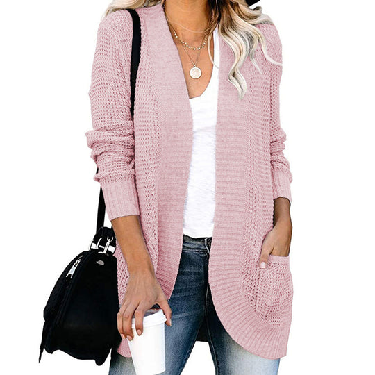 Damen Langer Offener Strickcardigan mit Taschen, Rippbündchen und strukturierter Waffeloptik Shop Nory