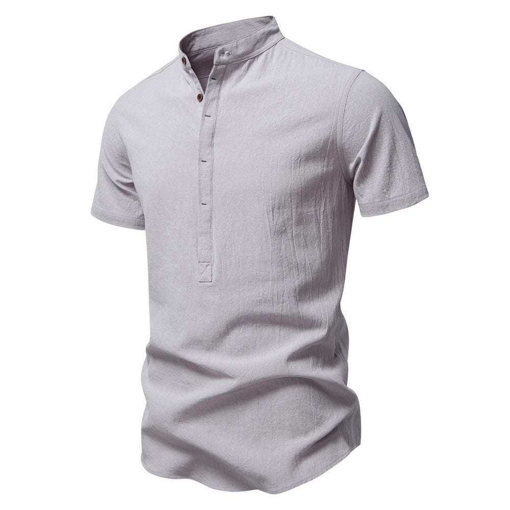 Herren nan lässiges Kurzarmshirt mit Stehkragen, halber Knopfleiste und leicht strukturierter Baumwoll-Leinen-Qualität