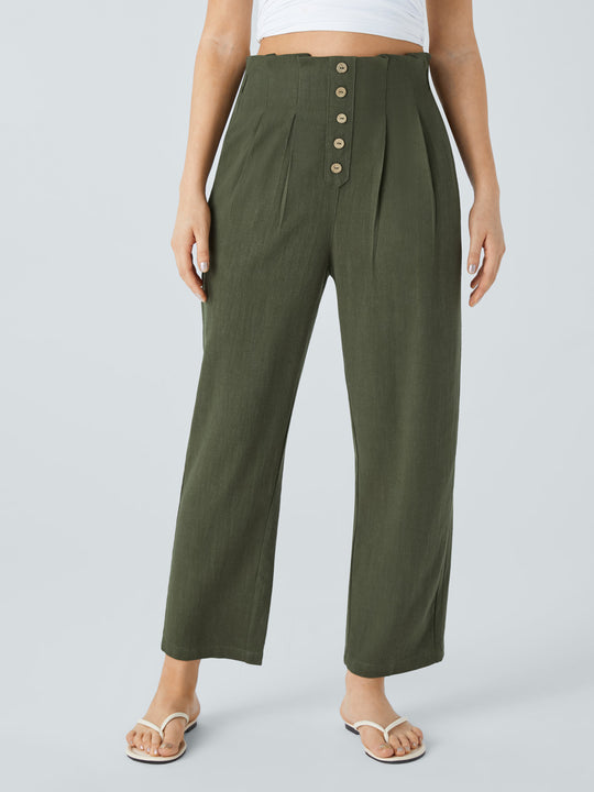 Damen Hochtaillierte Bundfalten-Leinenhose mit dekorativer Knopfleiste Shop Nory
