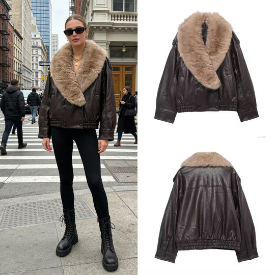 Damen Cropped Lederblouson mit voluminösem Pelzkragen und Taillen-Smock Shop Nory