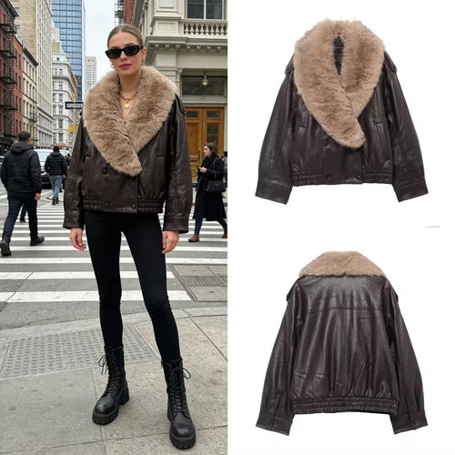 Damen Cropped Lederblouson mit voluminösem Pelzkragen und Taillen-Smock Shop Nory