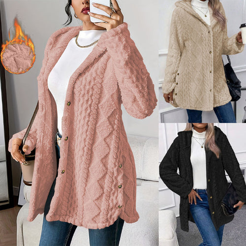Damen Oversize Strickmantel mit Kapuze, Jacquard‑Struktur und Knopfleiste Shop Nory