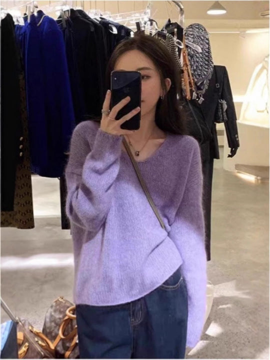 Damen Oversize V‑Ausschnitt Mohair‑Look Pullover mit Angora‑Optik und überschnittener Schulter Shop Nory