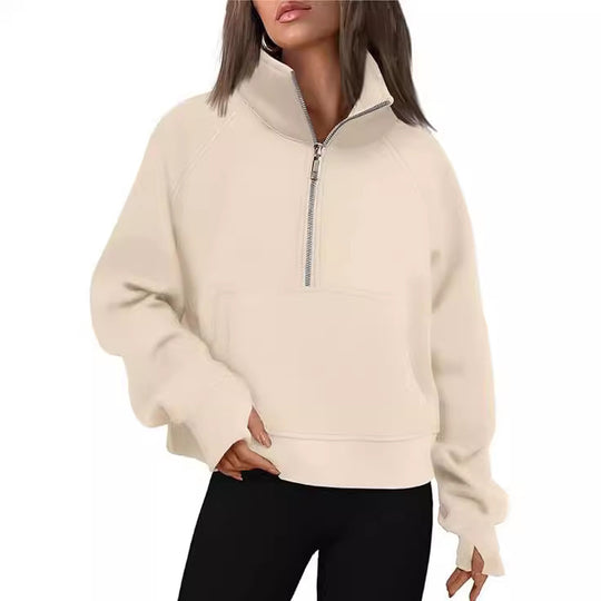 Damen nan cropped Halbzip-Sweatshirt mit hohem Stehkragen, Kängurutasche und überschnittener Schulter Shop Nory