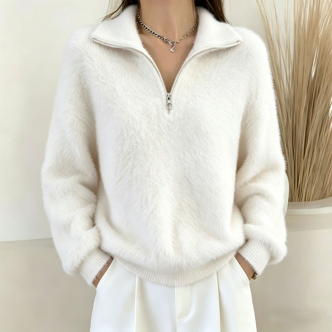 Damen Flauschiger Halbzipp-Pullover mit Stehkragen Shop Nory