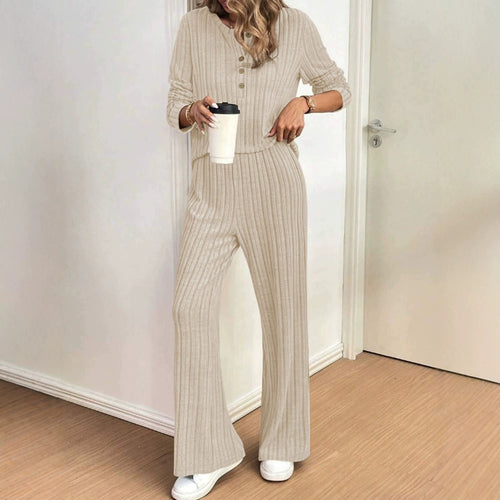Damen Gerippter Komfort-Zweiteiler mit Henley-Oberteil und weiter Palazzo-Strickhose Shop Nory