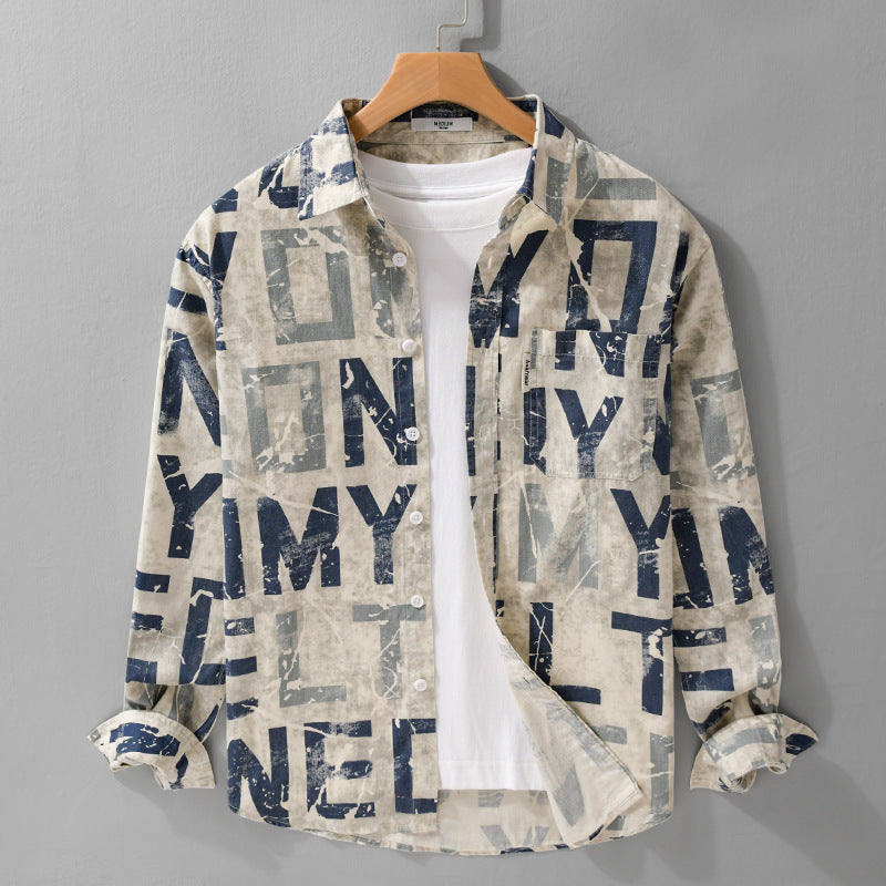 Herren Langarm-Hemdjacke mit großflächigem Typo‑Print aus Baumwollmix Shop Nory