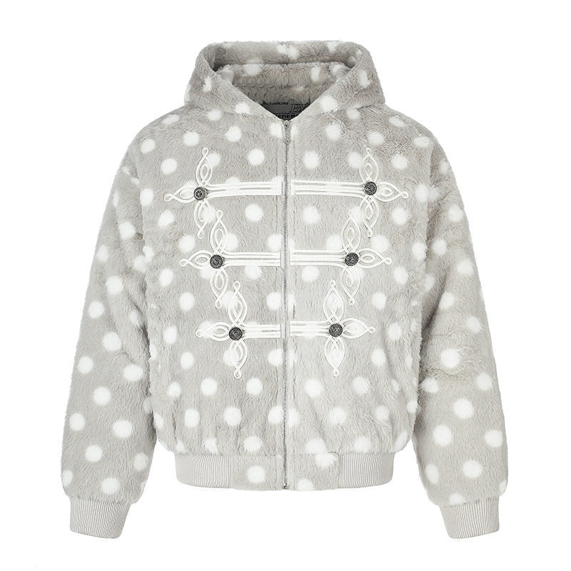 Damen Kapuzen-Fleecejacke im Bomberstil mit Polka‑Dot und dekorativen Froschknopf-Details Shop Nory