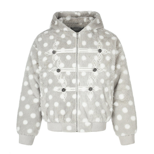 Damen Kapuzen-Fleecejacke im Bomberstil mit Polka‑Dot und dekorativen Froschknopf-Details Shop Nory
