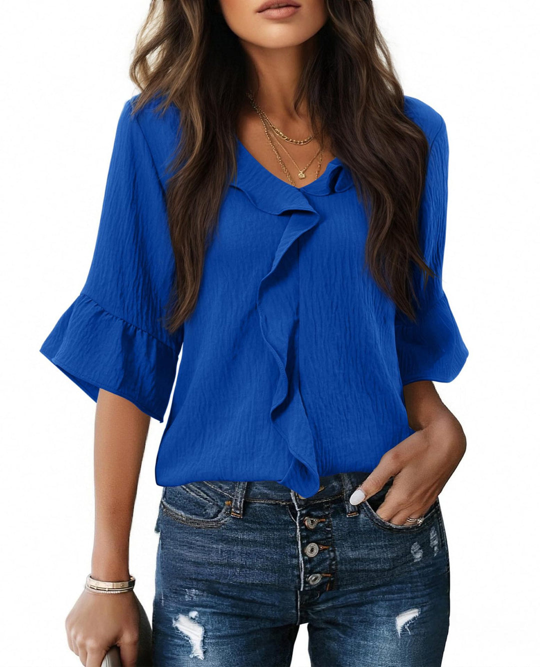 Damen Rüschenbluse mit V-Ausschnitt und Glockenärmeln Shop Nory