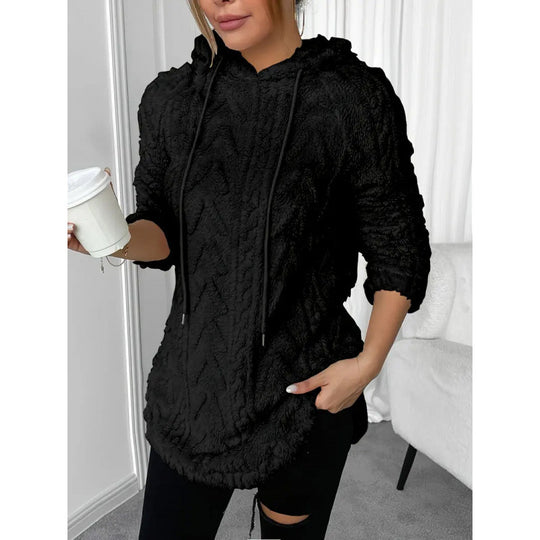 Damen Kuscheliger Teddy-Hoodie mit Zopfmuster Tunnelzug und gerundetem Saum Shop Nory