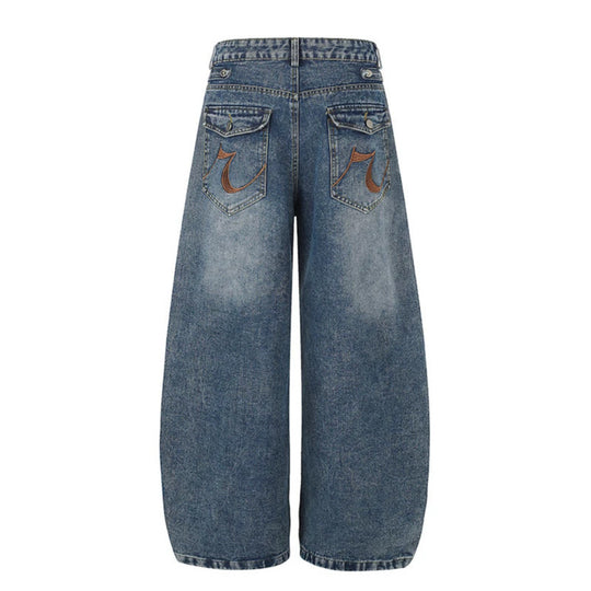Damen Weite Denim-Palazzo-Jeans mit dekorischen Riegelnähten und Zierknopf-Details Shop Nory