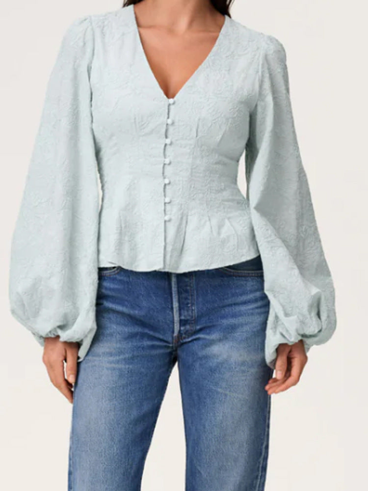 Damen Jacquard-Spitzenbluse mit tailliertem Schößchen und Ballonärmeln Shop Nory