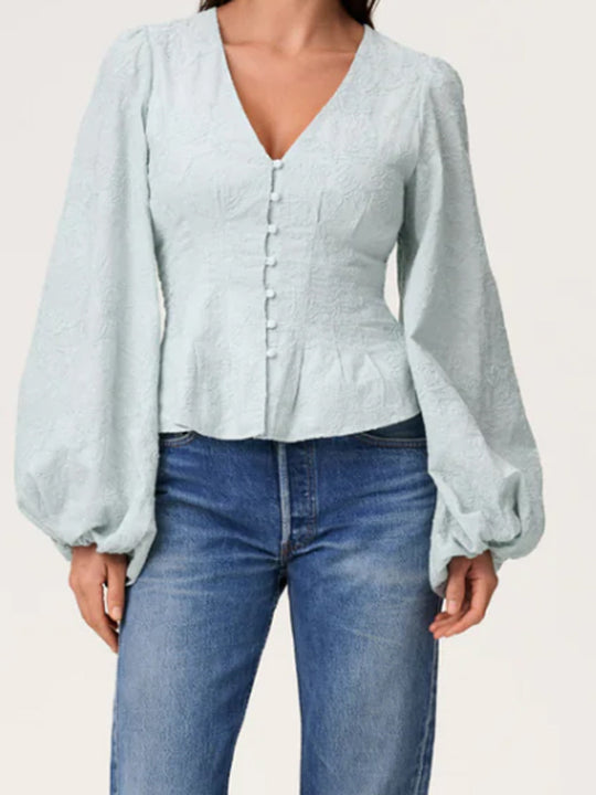 Damen Jacquard-Spitzenbluse mit tailliertem Schößchen und Ballonärmeln Shop Nory
