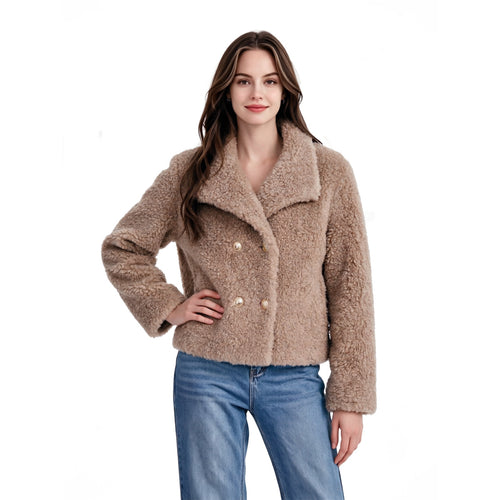 Damen Kurz geschnittene Teddy‑Felljacke mit Doppelknopfleiste Shop Nory