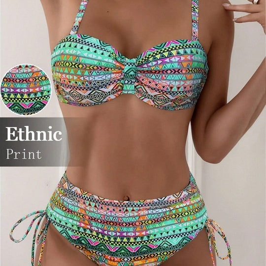 Damen Bikini-Set mit ethnischem Druck und verstellbaren Trägern