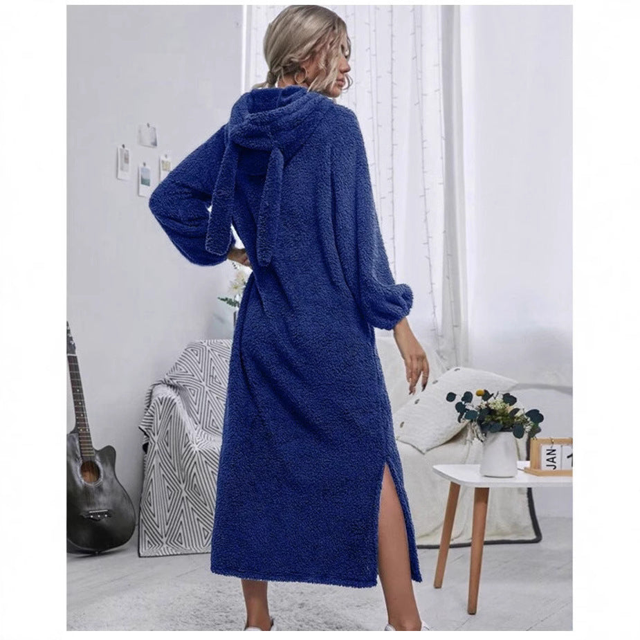 Damen Flauschiger Fleece-Hoodie-Kleid mit Ohren und seitlichen Schlitzen Shopnory