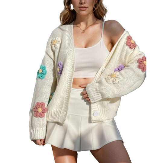 Damen Strickjacke mit floralen Applikationen