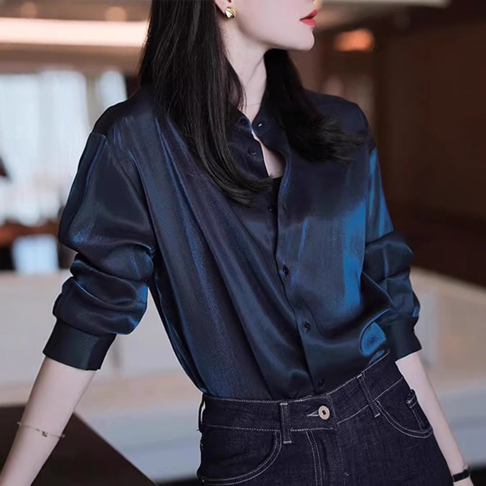 Damen Elegante satinierte Bluse mit Stehkragen Shop Nory